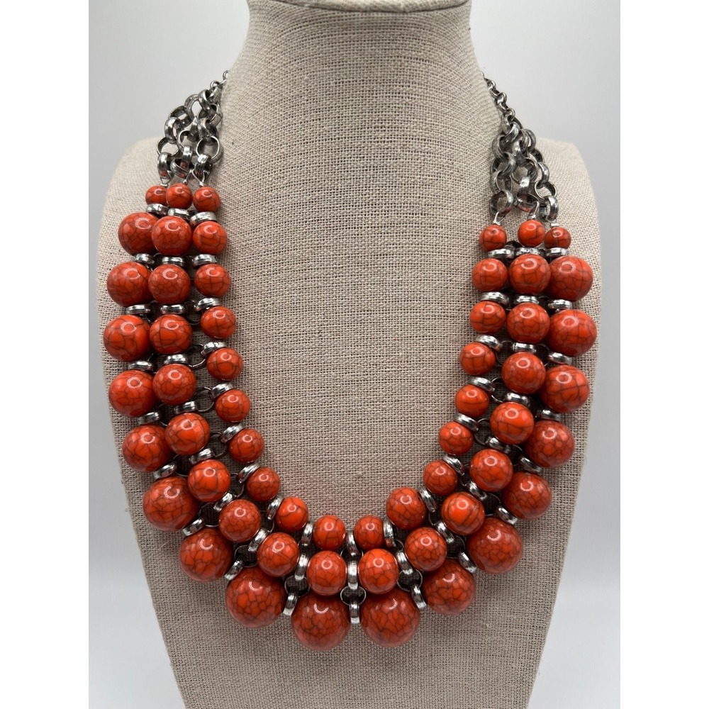 Orange Faux Stone Bib Necklace Statement Collar Boho Maximalist Acrylic Silver